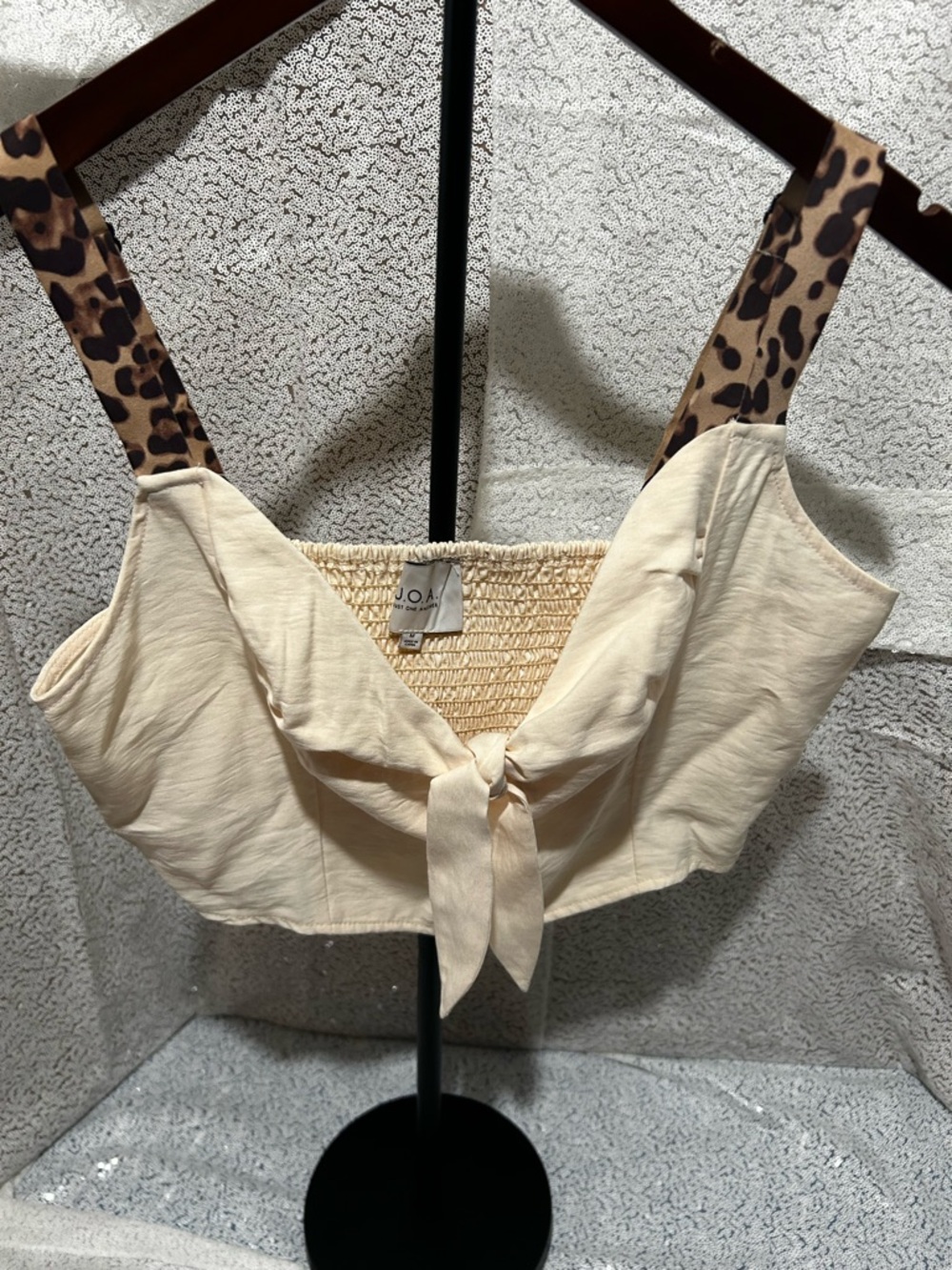J.O.A. Cream Tie-Front Crop Top with Leopard-Print Straps